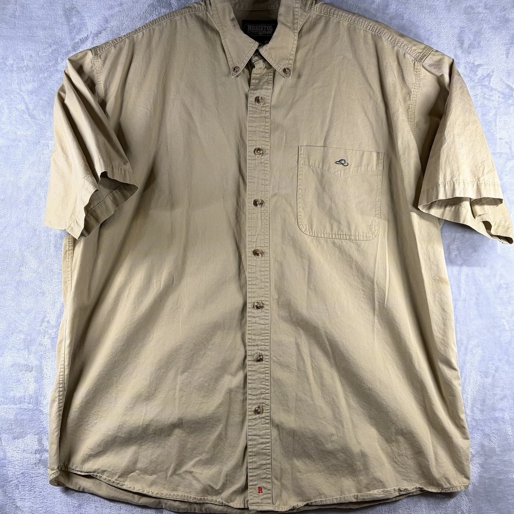 Resistol Rodeo Gear Western Button Down Shirt Tan Khaki Cotton Short Sleeve XL